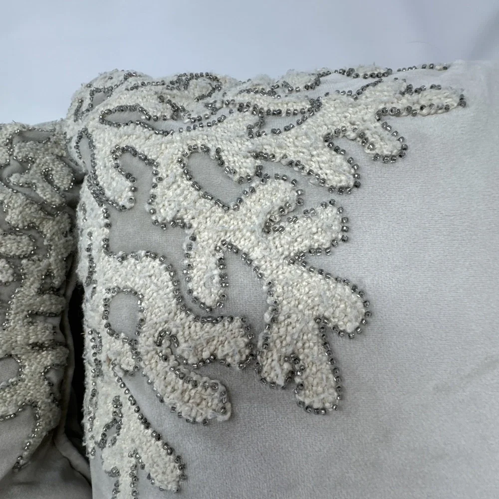 2 Pier 1 Coral Reef Beaded Throw Pillows gray ivory beach coastal nautical ocean